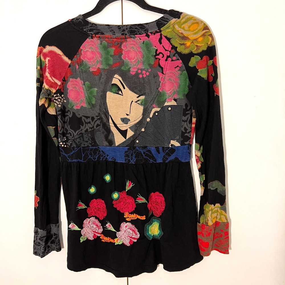 Desigual Geisha Floral Top Women L Black Harajuku Long Sleeve V-Neck Boho Y2K - Picture 1 of 6